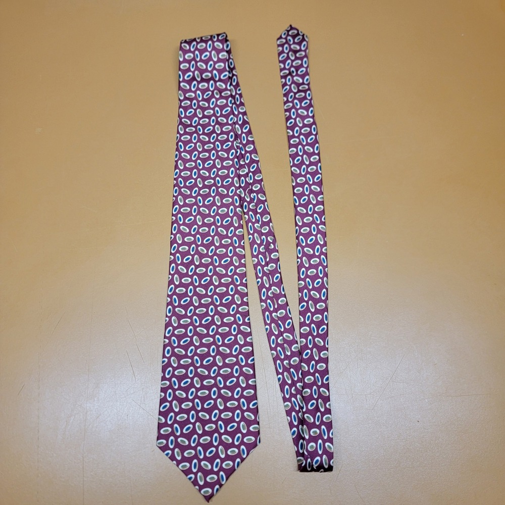 Burnham Ltd Mens Silk Tie Burgundy Geometric Oval Pattern